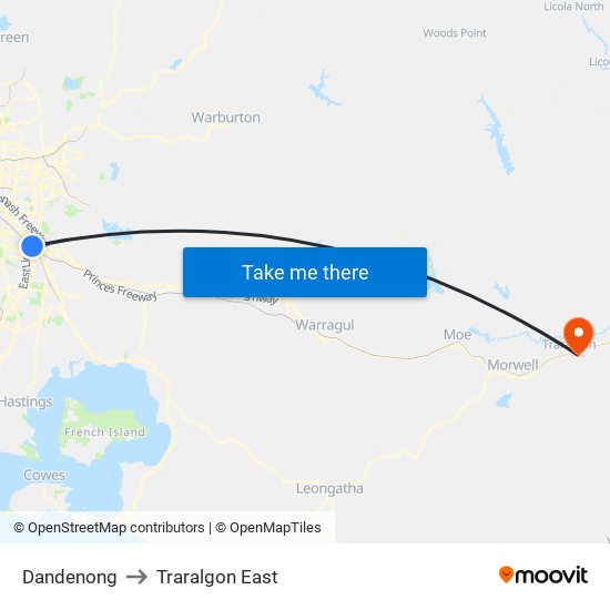 Dandenong to Traralgon East map