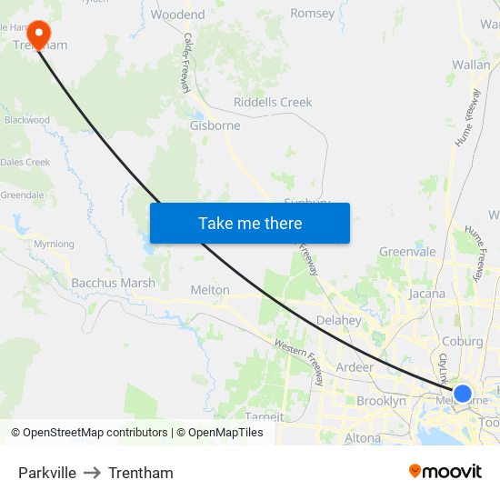 Parkville to Trentham map