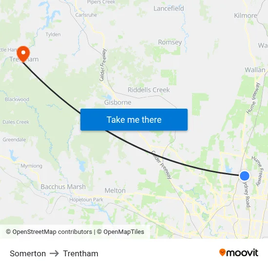 Somerton to Trentham map