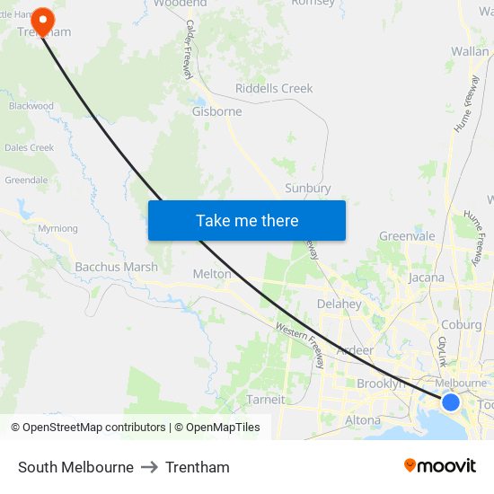 South Melbourne to Trentham map