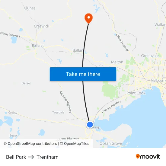 Bell Park to Trentham map