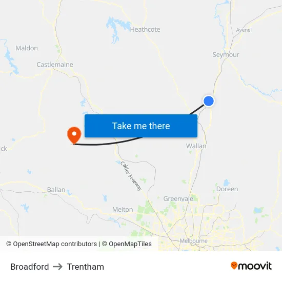 Broadford to Trentham map