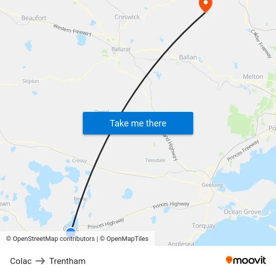 Colac to Trentham map