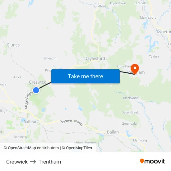 Creswick to Trentham map