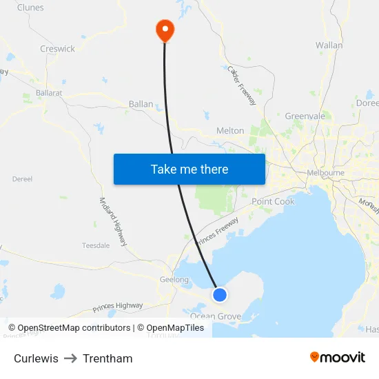Curlewis to Trentham map