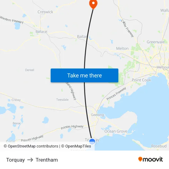 Torquay to Trentham map