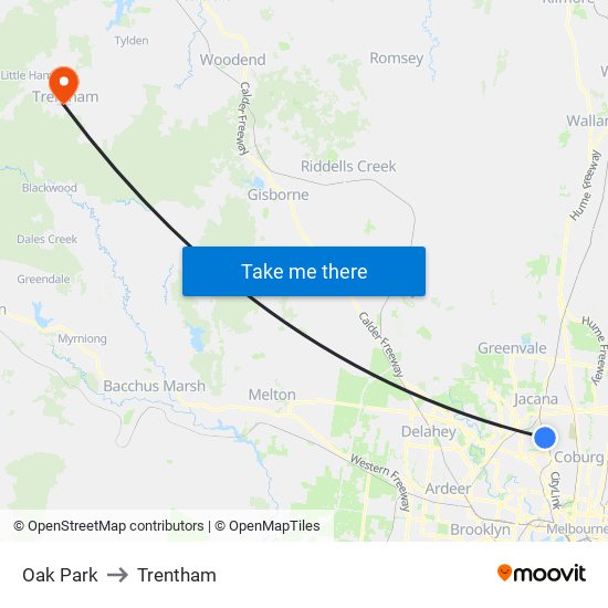 Oak Park to Trentham map