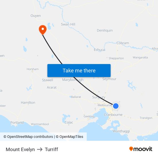 Mount Evelyn to Turriff map