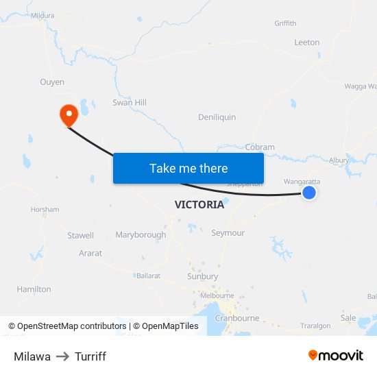 Milawa to Turriff map