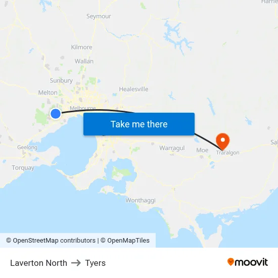 Laverton North to Tyers map
