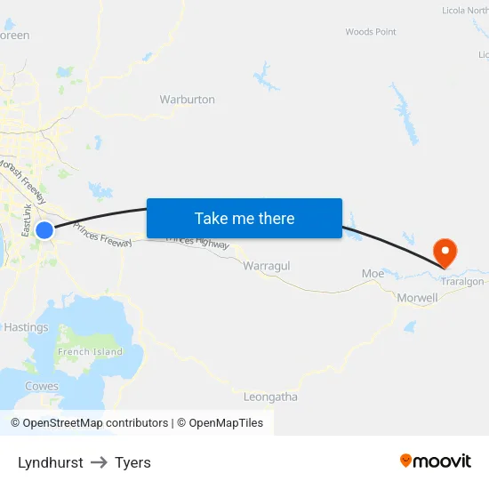 Lyndhurst to Tyers map