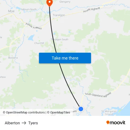 Alberton to Tyers map