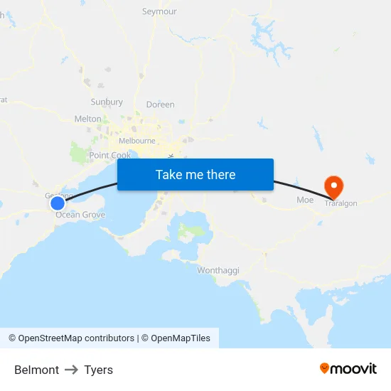 Belmont to Tyers map