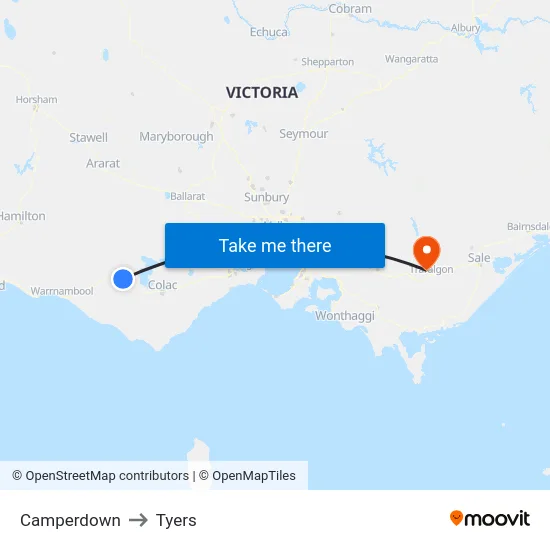 Camperdown to Tyers map
