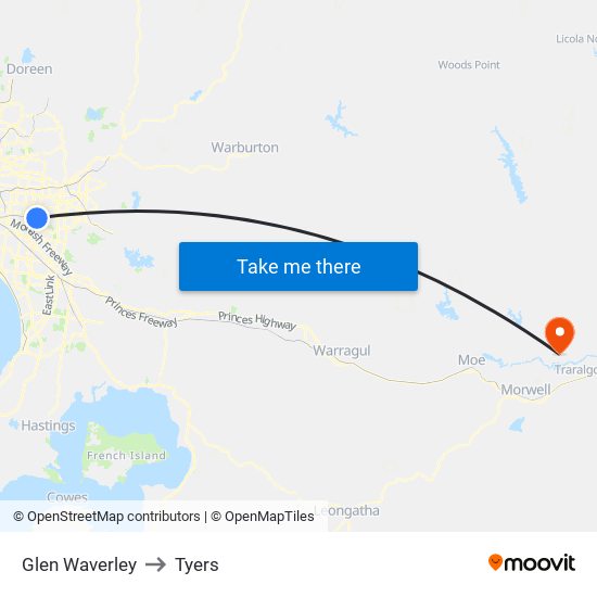 Glen Waverley to Tyers map