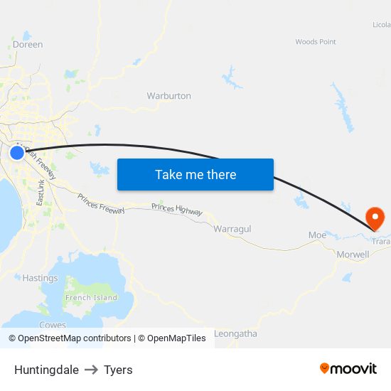 Huntingdale to Tyers map