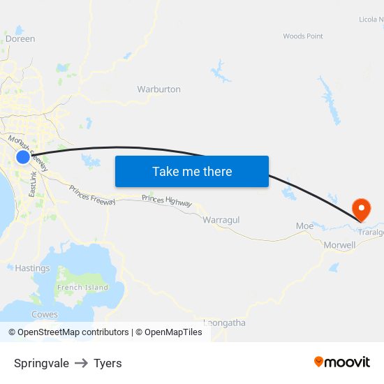 Springvale to Tyers map