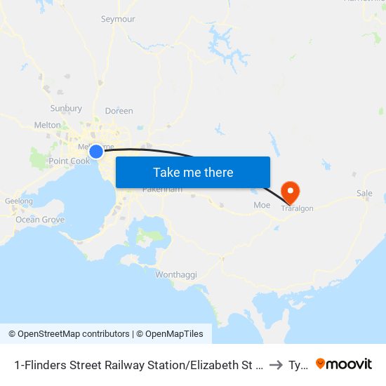 1-Flinders Street Railway Station/Elizabeth St (Melbourne City) to Tyers map