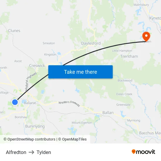 Alfredton to Tylden map