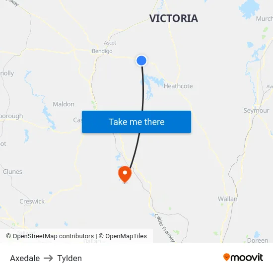 Axedale to Tylden map