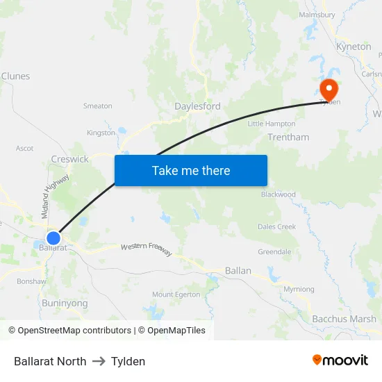Ballarat North to Tylden map
