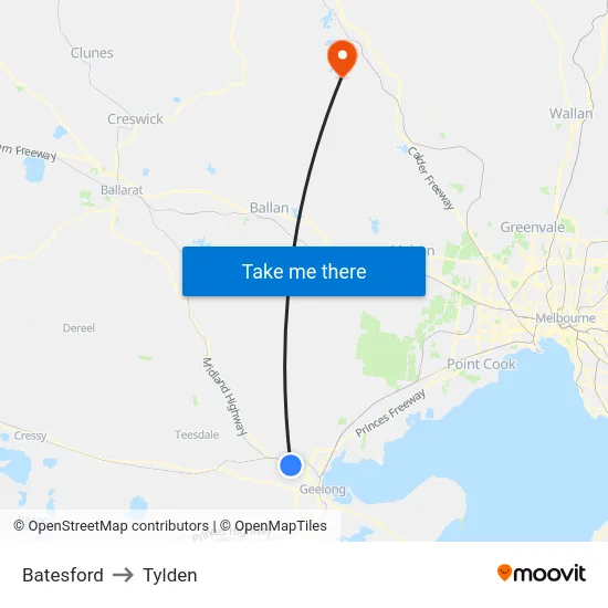 Batesford to Tylden map