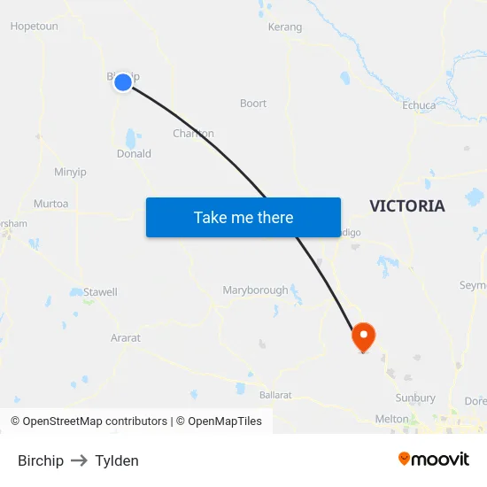Birchip to Tylden map