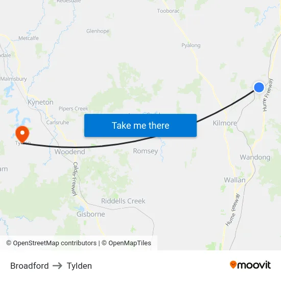 Broadford to Tylden map