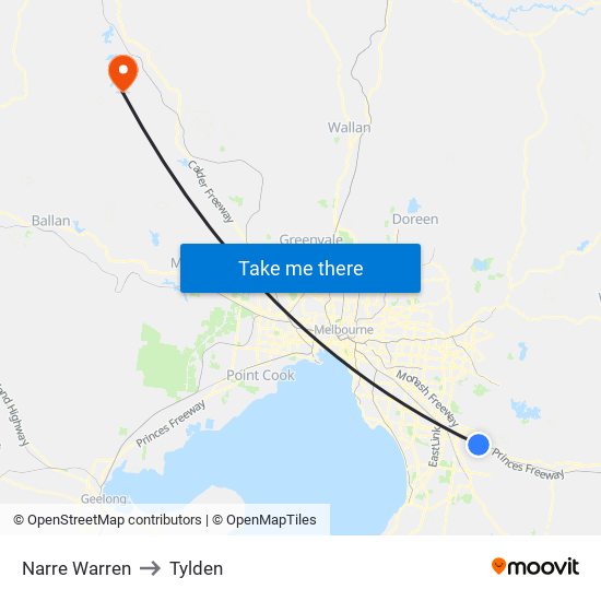 Narre Warren to Tylden map
