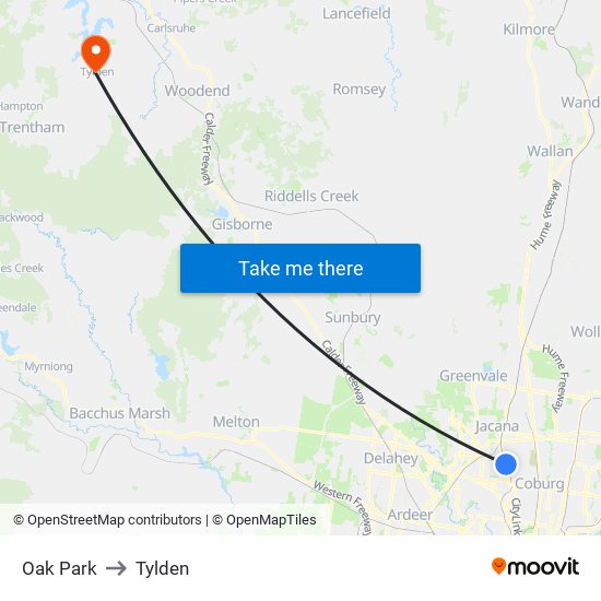 Oak Park to Tylden map