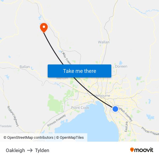 Oakleigh to Tylden map