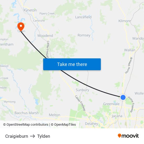 Craigieburn to Tylden map