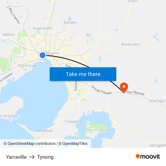 Yarraville to Tynong map