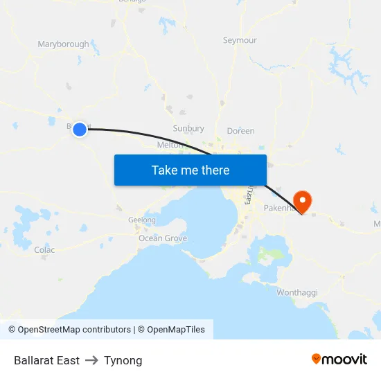 Ballarat East to Tynong map