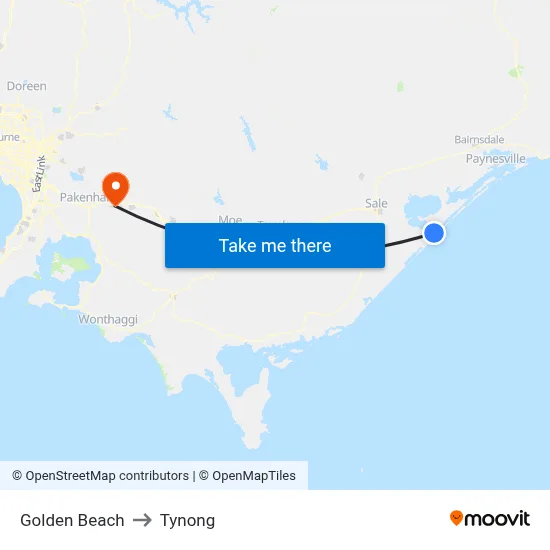 Golden Beach to Tynong map