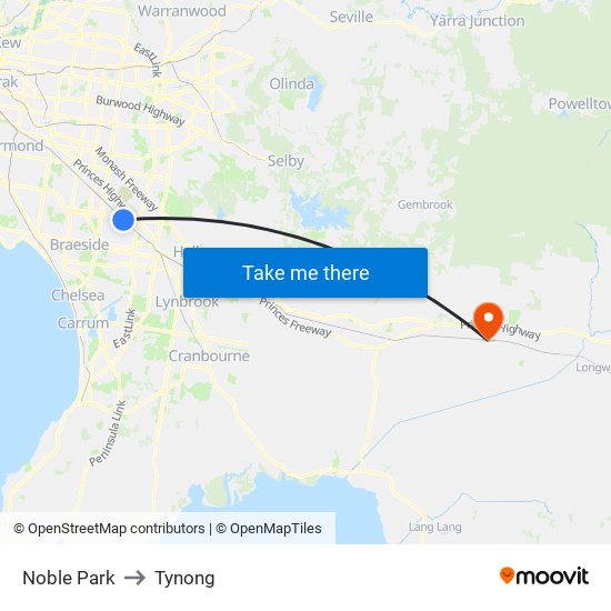 Noble Park to Tynong map