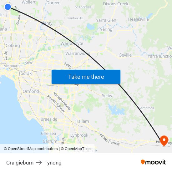 Craigieburn to Tynong map