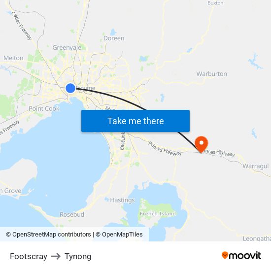 Footscray to Tynong map