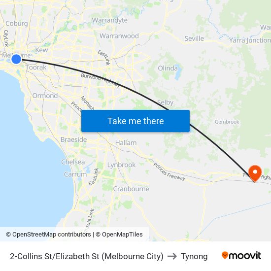 2-Collins St/Elizabeth St (Melbourne City) to Tynong map