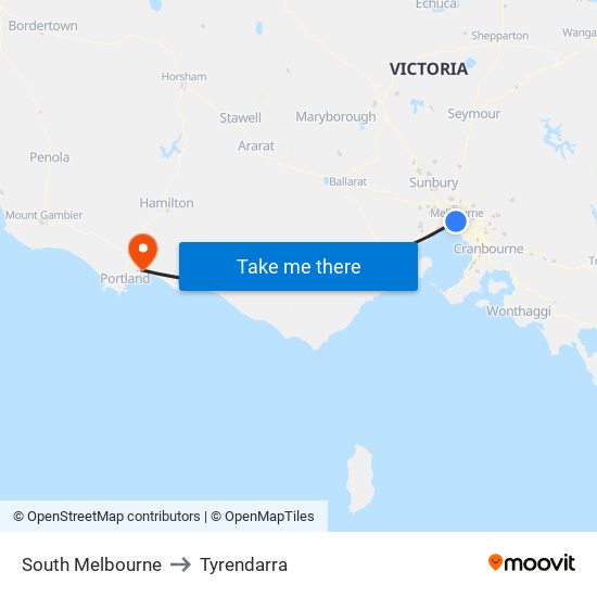 South Melbourne to Tyrendarra map