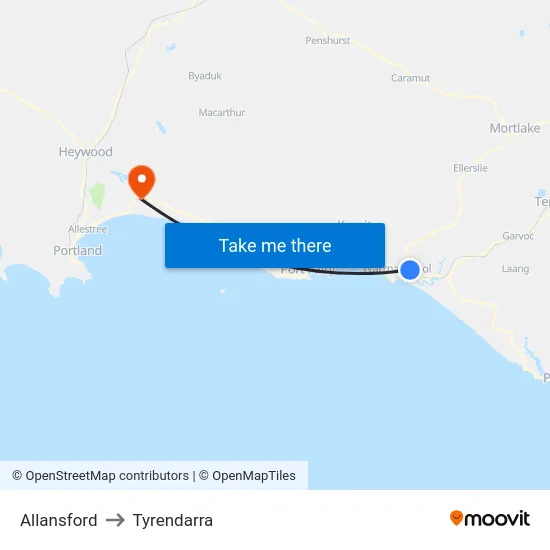 Allansford to Tyrendarra map