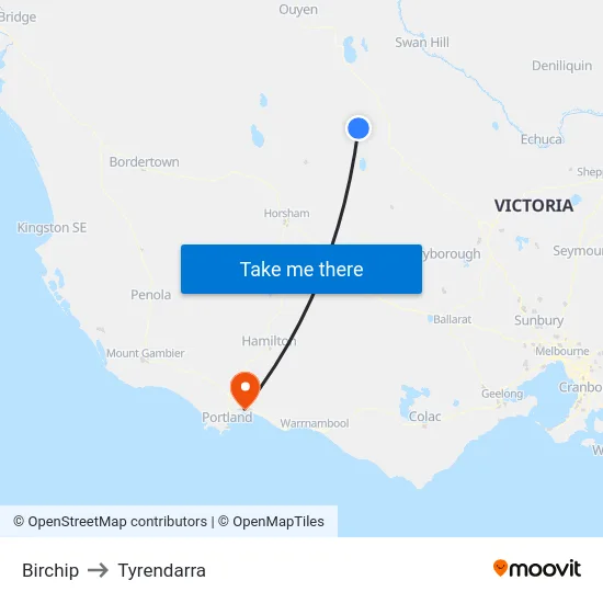 Birchip to Tyrendarra map