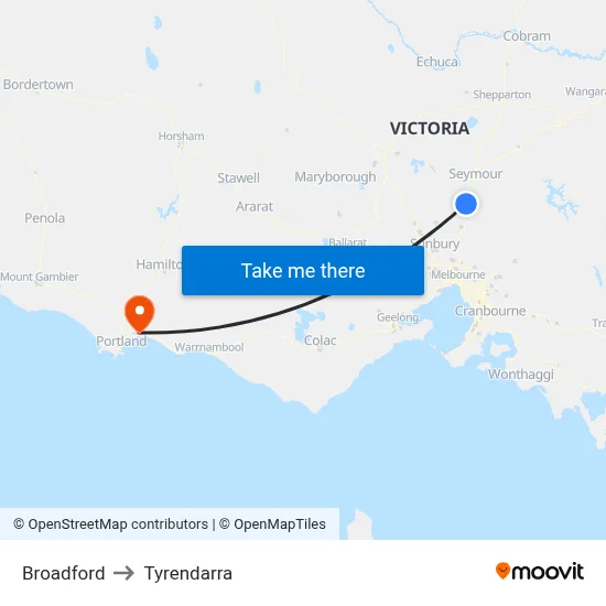 Broadford to Tyrendarra map
