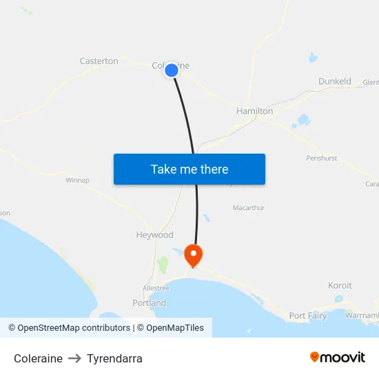 Coleraine to Tyrendarra map