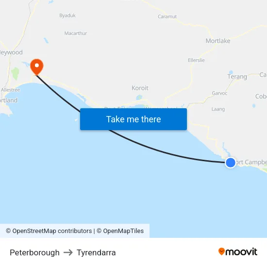 Peterborough to Tyrendarra map