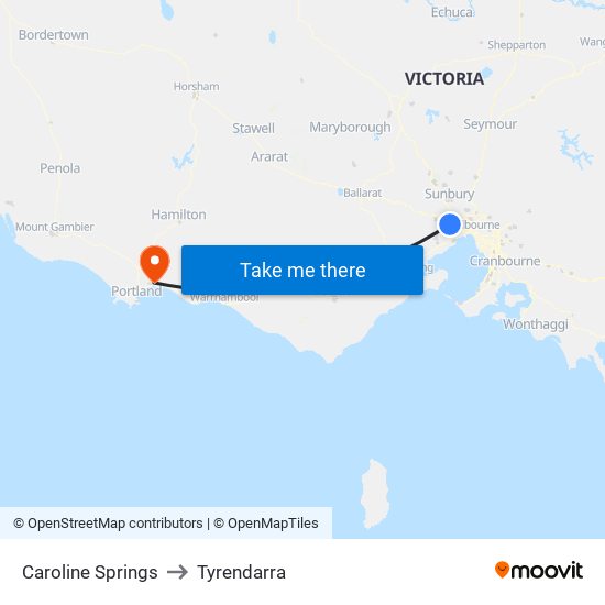 Caroline Springs to Tyrendarra map