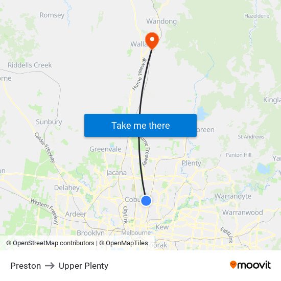 Preston to Upper Plenty map