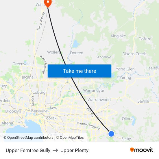 Upper Ferntree Gully to Upper Plenty map