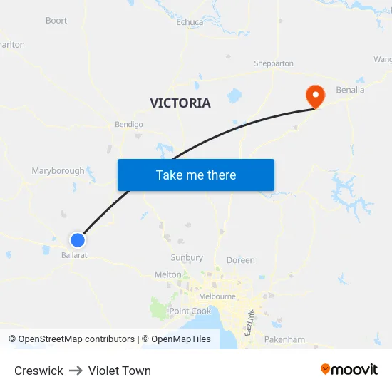 Creswick to Violet Town map