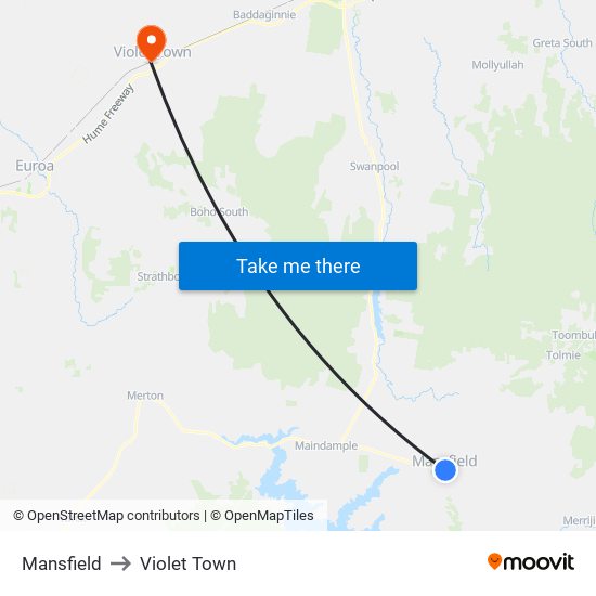 Mansfield to Violet Town map